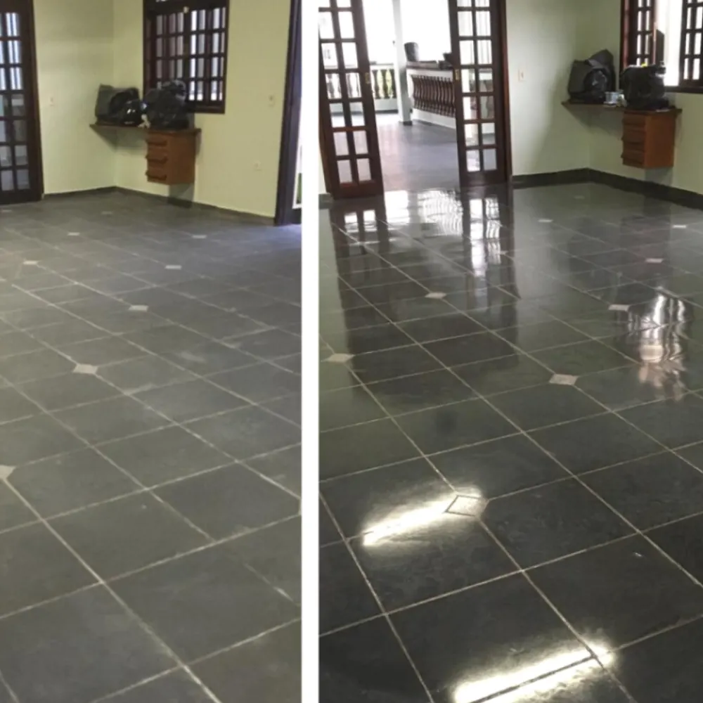 Piso de mármore escuro antes e depois da revitalização