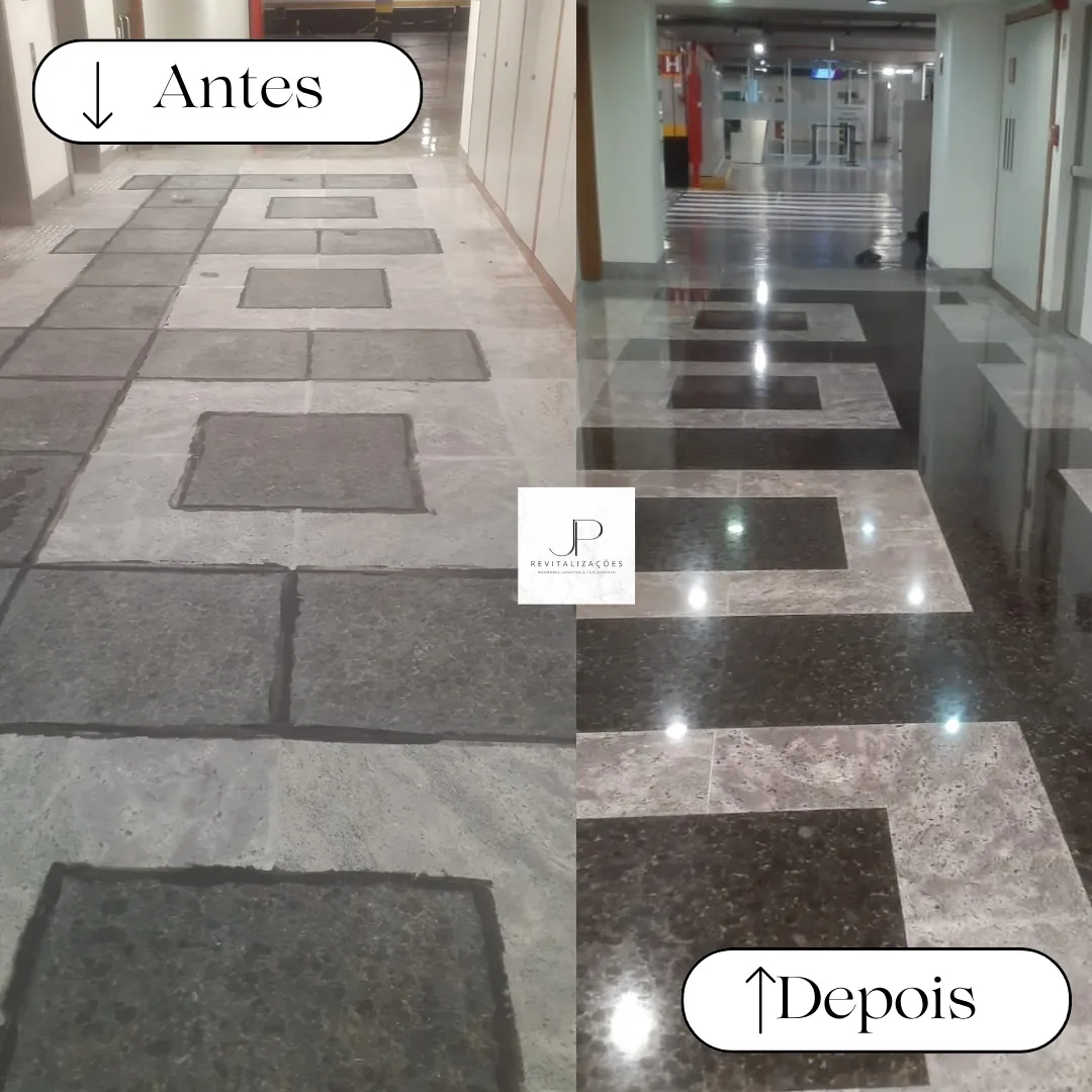 Corredor em granito antes e depois do polimento