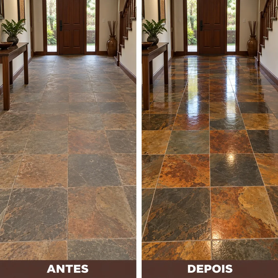 Hall de entrada em ardósia antes e depois do polimento