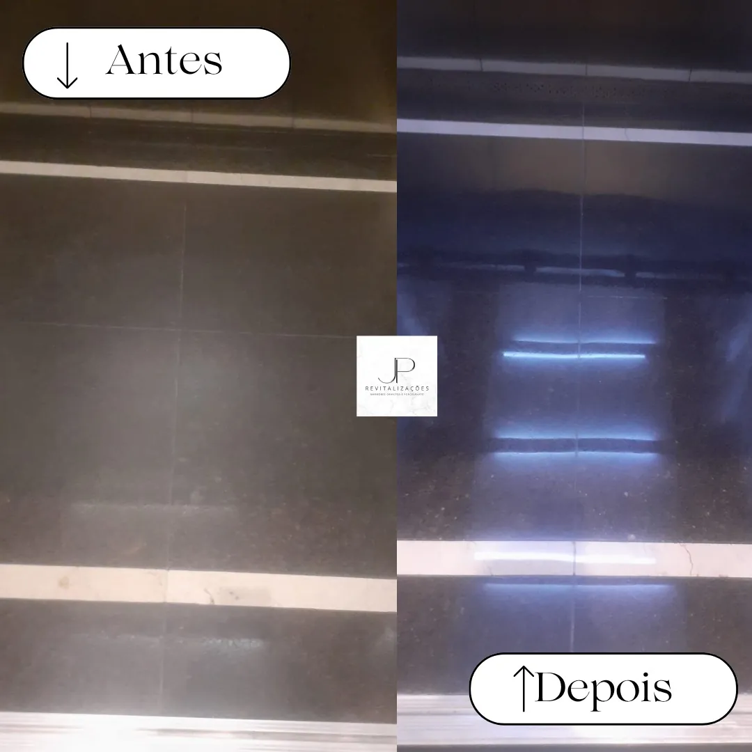 Piso de granito antes e depois do polimento em hall de elevador