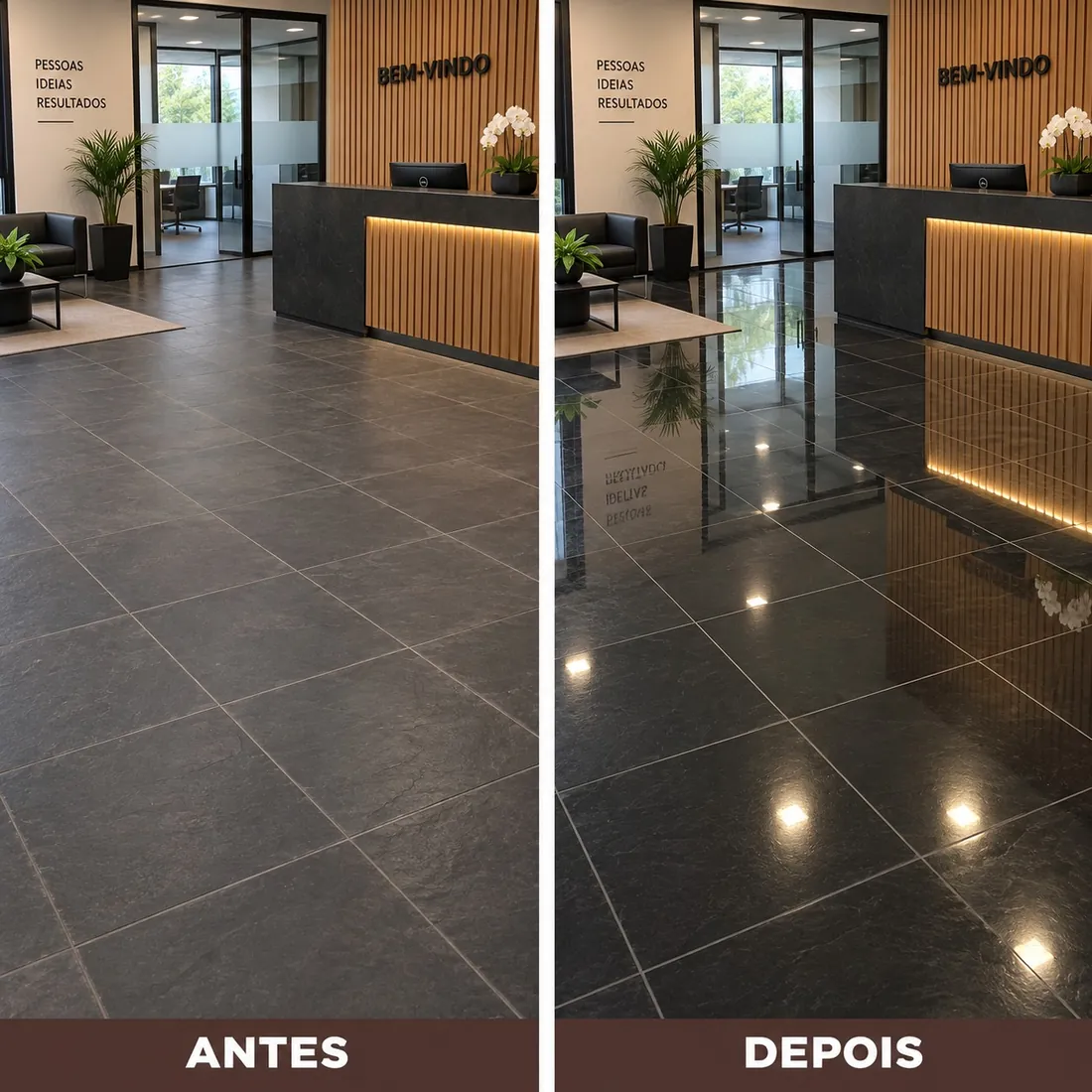 Recepção comercial em granito antes e depois do polimento