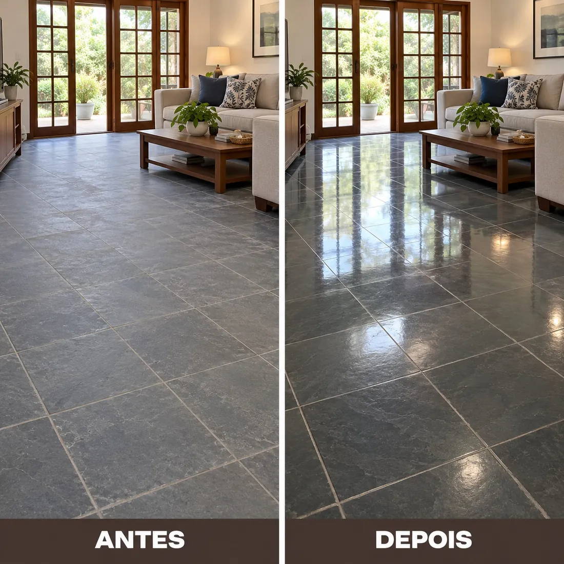 Sala de estar antes e depois da revitalização do piso
