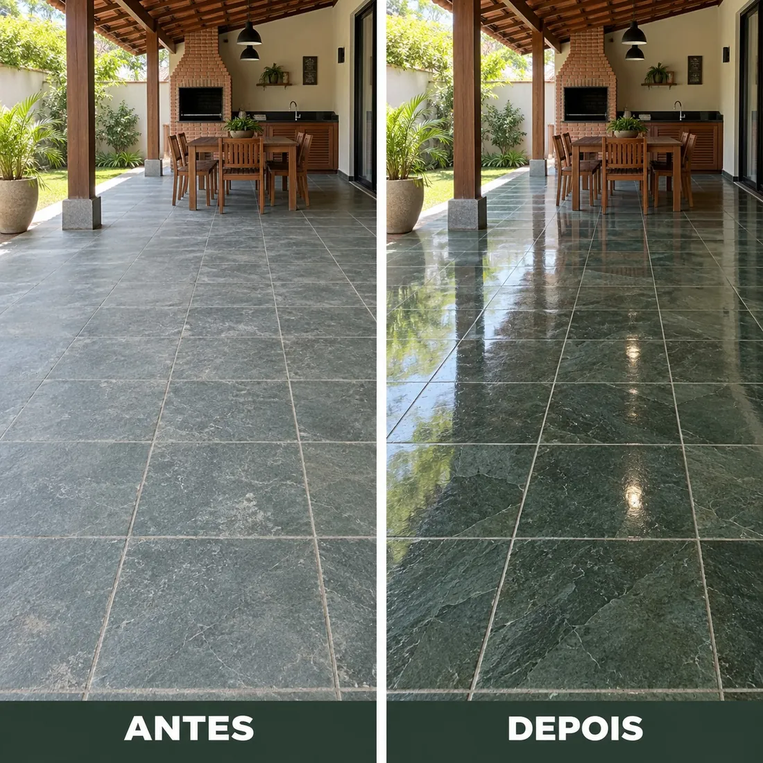 Varanda em ardósia antes e depois do polimento