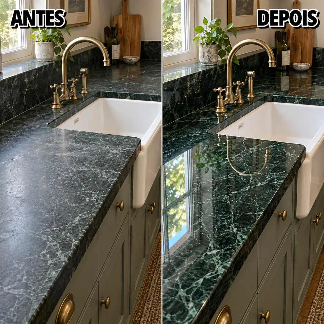 Bancada de cozinha em mármore verde antes e depois do polimento