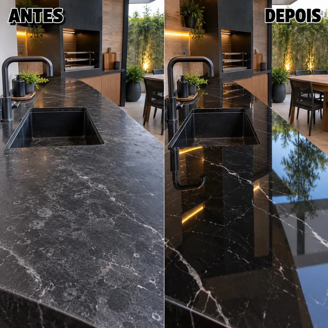 Bancada de área externa em mármore preto antes e depois do polimento