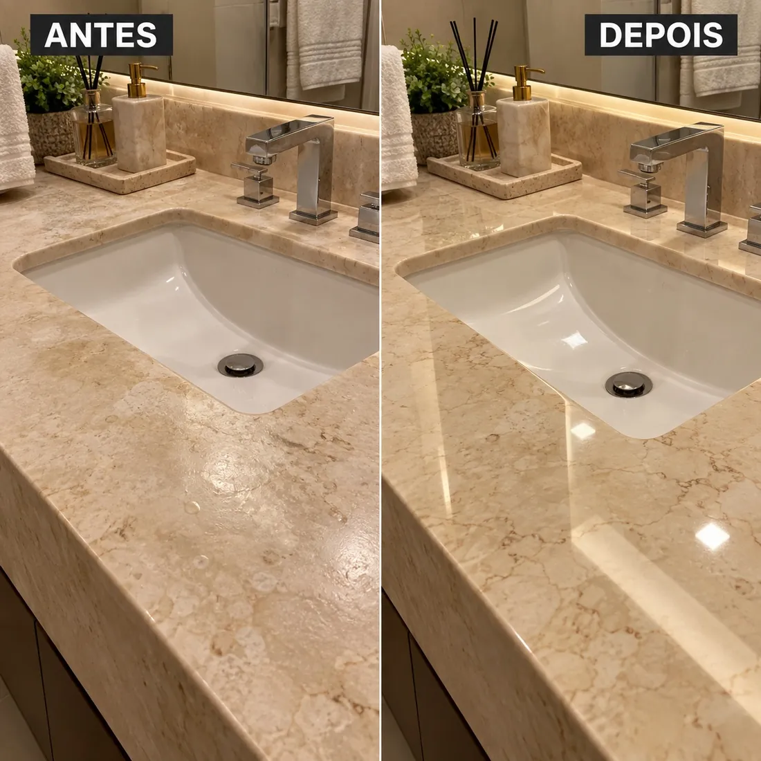 Bancada de banheiro em mármore bege antes e depois do polimento