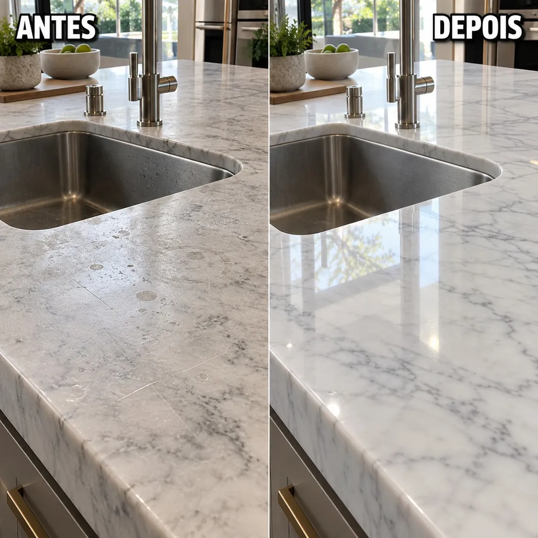 Bancada de ilha em mármore branco antes e depois do polimento